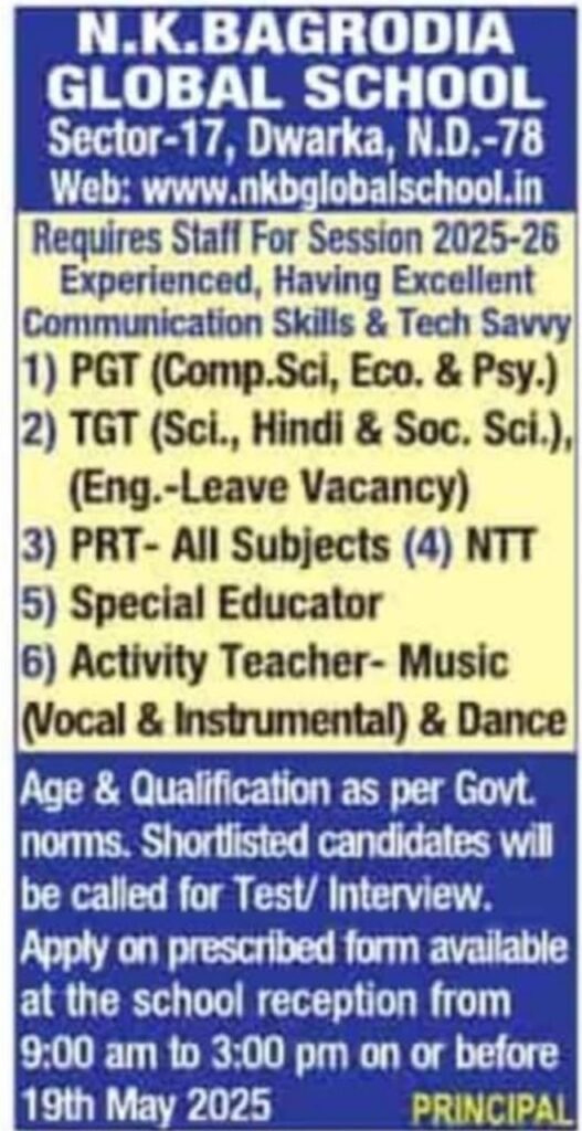 N.K. Bagrodia Global School Recruitment 2025