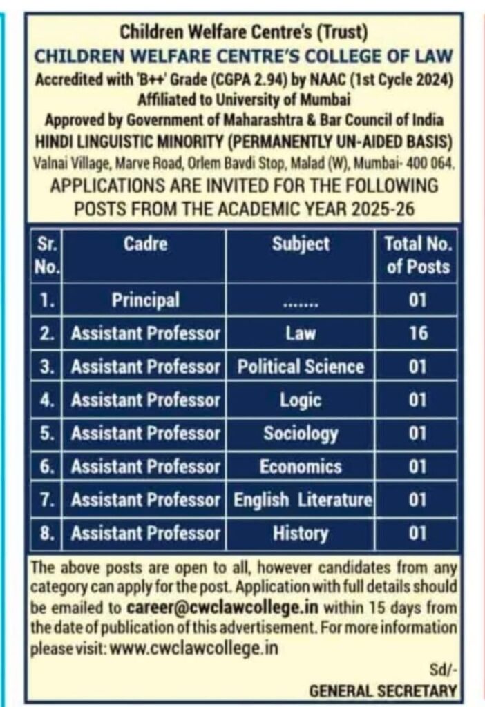 Children Welfare Centre's College of Law Recruitment 2025-26