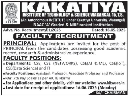 Kakatiya Institute of Technology & Science (KITSW) Warangal Faculty Recruitment 2025