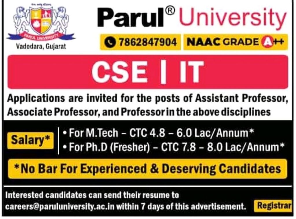 Parul University Vadodara Faculty Recruitment 2025