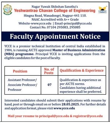 Yeshwantrao Chavan College of Engineering Nagpur Faculty Recruitment 2025