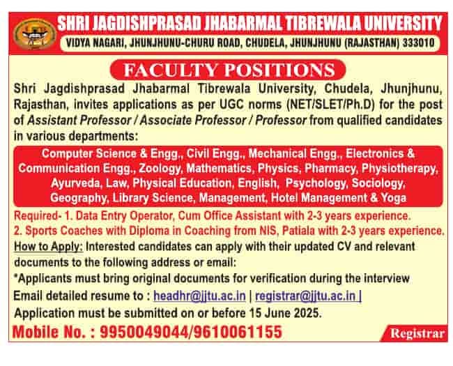 Shri Jagdishprasad Jhabarmal Tibrewala University, Jhunjhunu Faculty Recruitment 2025