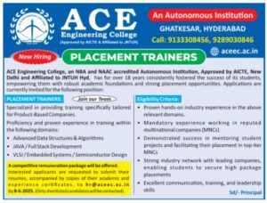 ACE Engineering College Hyderabad – Hiring Placement Trainers Now