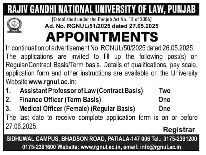 Rajiv Gandhi National University of Law Punjab Faculty & Staff Recruitment 2025 – Assistant Professor, Finance Officer, Medical Officer
