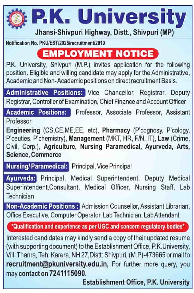 P.K. University Recruitment 2025: