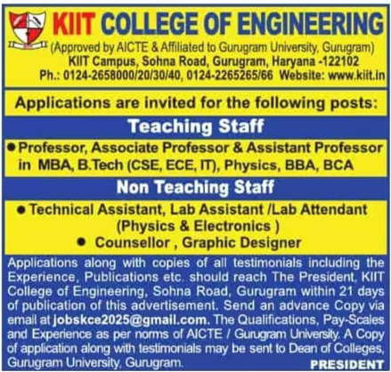 KIIT College of Engineering Gurugram Recruitment 2025