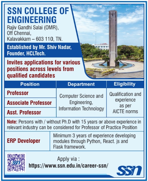 SSN College of Engineering, Chennai – Faculty & ERP Developer Recruitment 2025