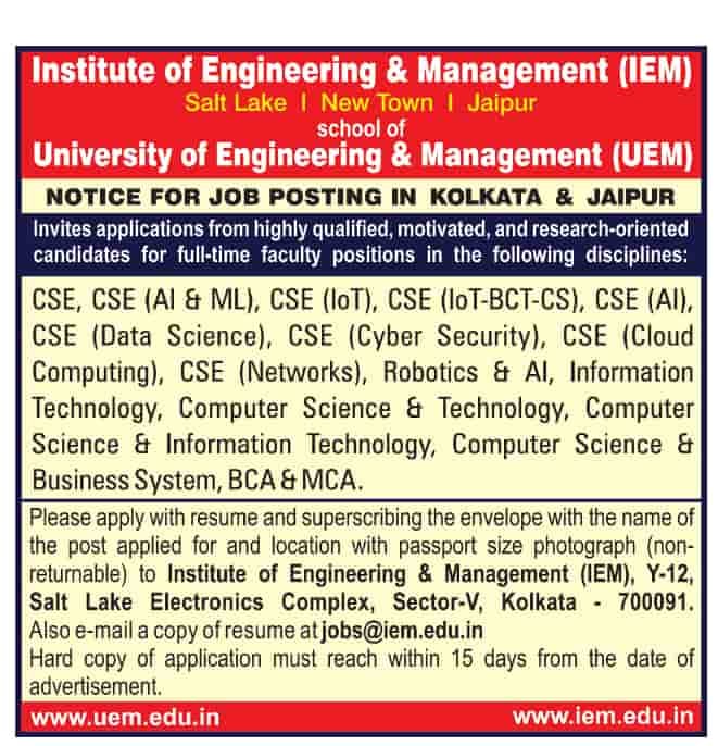 IEM & UEM Faculty Recruitment 2025 – Apply for CSE, AI, Data Science & IT Faculty Positions in Kolkata & Jaipur