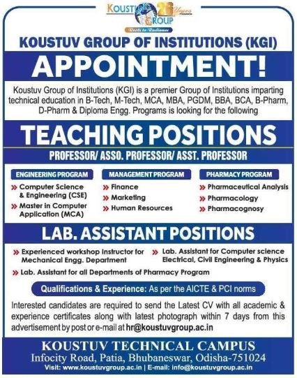 Koustuv Group of Institutions Bhubaneswar Recruitment 2025