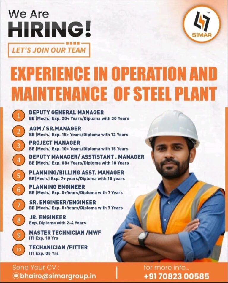 Simar Group Hiring for Steel Plant Operations