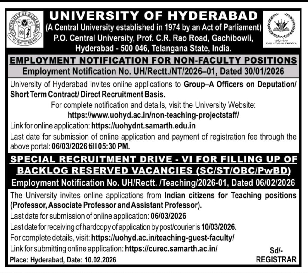 University of Hyderabad Faculty Recruitment 2026